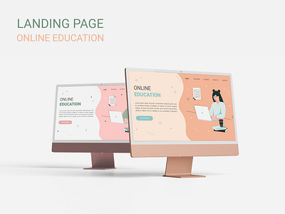 Landing page. Cute girl in flat style takes online education