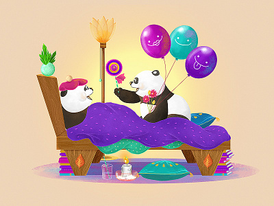 Get Well Soon animal balloon bed candy cartoon character digital drawing illustration panda party sleep