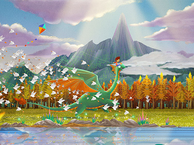 The Boy, The Dragon and The Kite art character concept digital dragon drawing illustration kid kite mountain play train