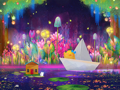 A Visit From A Good Friend animal bayou character design digital digital art digital painting drawing duck floral flower fluorescent glowing illustration lily magical neon pond river riverboat swamp