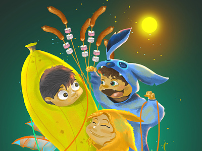 The Onsie Trio adventure alien banana camping character design costume party digital digital art disney drawing food friendship illustration kangaroo lilo memory onesie roadtrip sausage trio