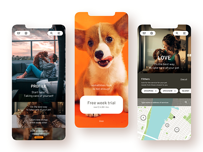 Pets care concept app animals app discover friends healthcare map mobile app pet pet app pet care purchase services subscription ui ux