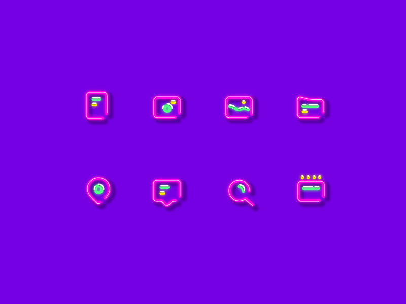 Icon set neon calendar camera chat documents folder gallery icon minimal neon pin search