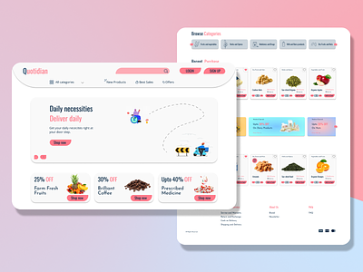 Quotidian daily grocery delivery website concept adobe app blue branding challenge colorful concept dailyui design designchallenge figma gradient landingpage onlineshopping pink shopping ui uidesign ux website