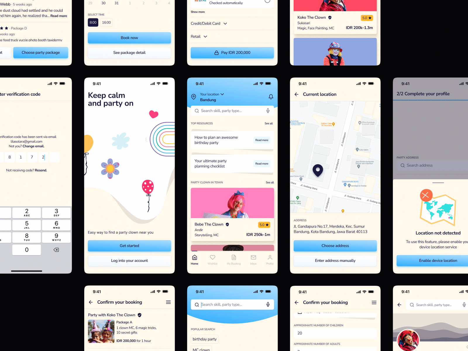 Party clown service finder app design party ui