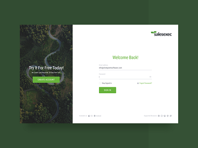 SalesExec Login Page clean clear crm dailyui design green login login form login page login screen minimal sign in sign up signin signup ui user interface web web design welcome screen