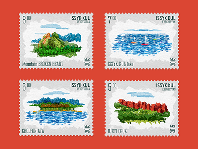 Issyk Kul lake stamps brokenheart cholponata design djetioguz illustration issykkul kyrgyzstan lake nature post stamp