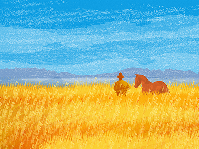 With horse alone blue design environment field horse illustration illustration design mountain one sky yellow