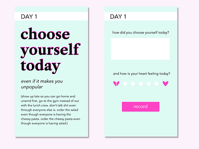 Choose Yourself app screens data mobile self love typography