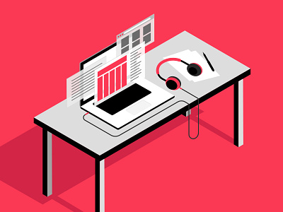 Productivity computer desk flat illustration isometric office red workspace