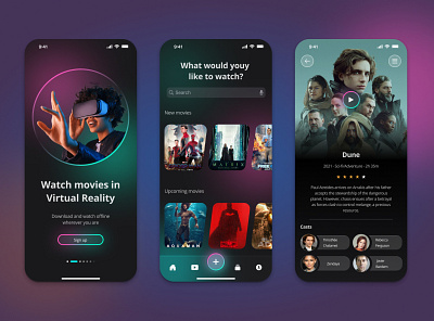 Neon UI (Virtual reality app) app design figma interface iphone 13 layout minimal mobile movie neon product ui ux