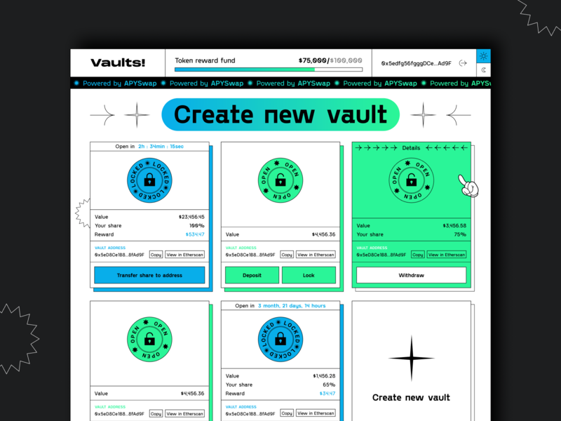 Vaults page assets blockchain blockchaintechnology branding brutal design brutalism clean ui coinbase crypto cryptocurrency finance investing investment minimalism smart contract smart contracts store trading ugly ui