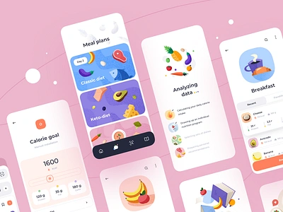 Nutrition Mobile App app application blue breakfast calories design diet dinner food health illustrations ios lunch meal mobile nutrition orange plans ui ux