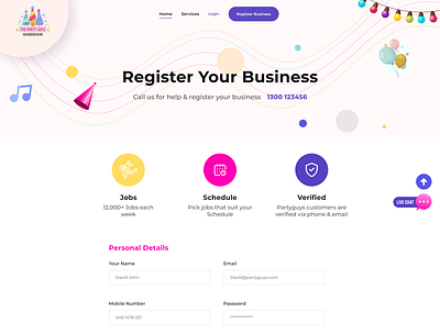 Party Guys Registration Page branding design get registered guys guyz illustration layout logo page party party guys registration page registration template theme ui uiux web design