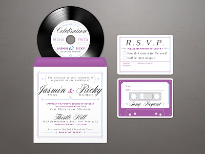 Wedding Invitation blue cassette cd heart jasmin purple request ricky rsvp song tape vinyl