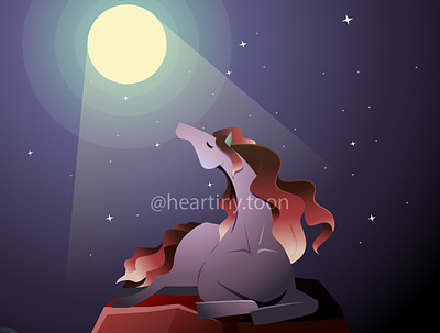 Beautiful Horse Mare Sit Moon Light Fantasy Illustration sit