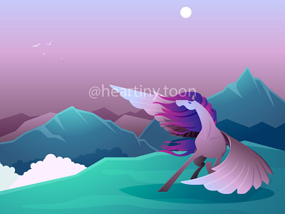 Beautiful Pegasus Winged Horse Mountain Landscape Illustration magic