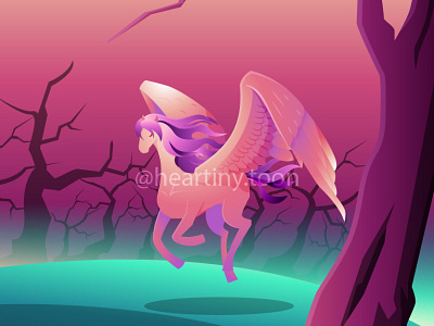 Beautiful Pegasus Winged Horse Fly on Dark Forest Illustration wingedhorse