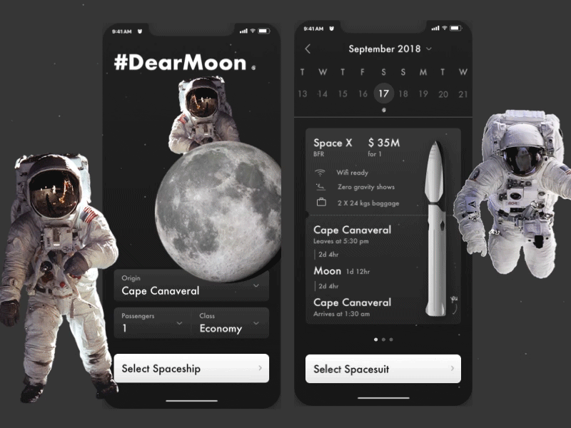 #DearMoon Conceptual App (Freebies included!) animation app dark mode dark theme dear moon design mars mobil dark mobile app mobile ui moon principle sketch space space exploration spaceship travel ui ui ux ux