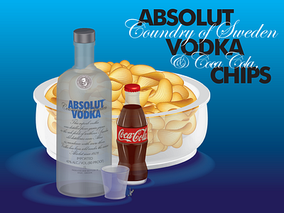 Illustration - Absolut Vodka Bottle & Coca Cola, Chips 3d graphic design illustration typography vector