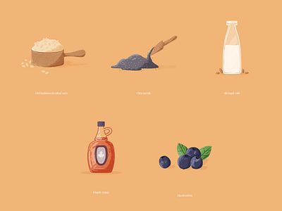 Tasty tidbits "Blueberry Chia Overnight Oats" Components abstract almondmilk artwork blueberry chiaroscuro drawing flat illustraion illustrationformotion maplesyrup oats school of motion vector