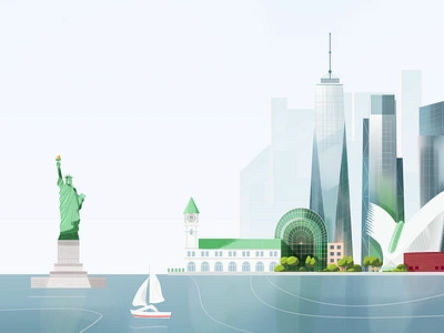 New York skyline america architecture buildings city green illustration landscape new york nyc pastel river skyscraper statueofliberty texture urban usa vector