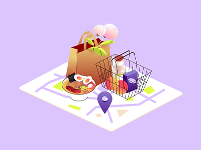 Food delivery illustration delivery food groceries illustration isometric location map ramen ui vector