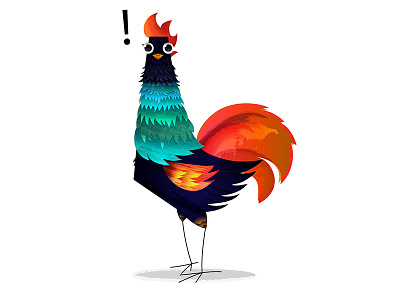 Rooster bird bright color colorful detailed feather illustration rooster surprised tail texture vector