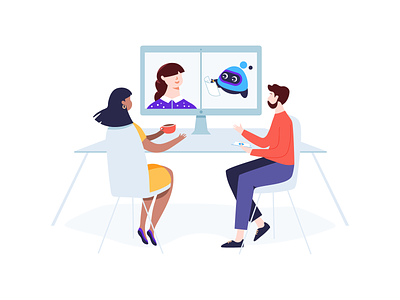 Illustration for Voicera app artificial intelligence assistant chat colorful computer desk illustration notes office people screen vector video call video conferencing virtual