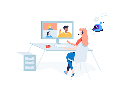 Illustration for Voicera app artificial intelligence assistant chat colorful company computer desk illustration meeting notes office people screen vector video call video conferencing virtual