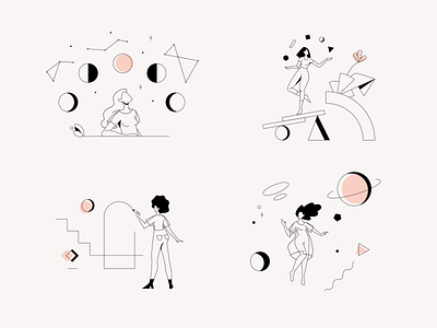 Clio Illustrations abstract app feminine health illustration juggler menopause mindfulness minimalistic outlines pink planets product illustration space wellbeing women