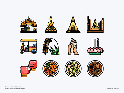 Thailand Element Icon Set app avatar color line culture design food icon illustration symbol thai thai food thailand tourism traditional travel vector website