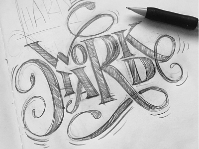 Work Hard black and white calligraphy design lettering pencil sketches type work hard