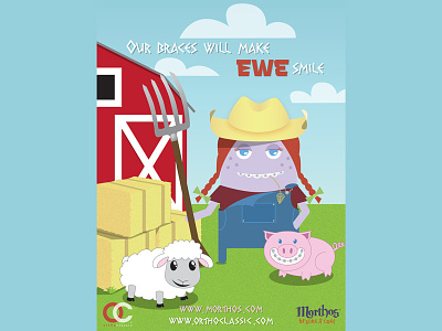 Farmer Annie braces cartoon farm hay bale illustration orthodontics pig sheep