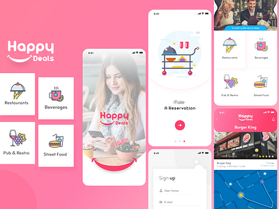 Happy Deals app screens app ui branding codiant creative ui design mobile app promotion restaurant app ui restaurant booking app