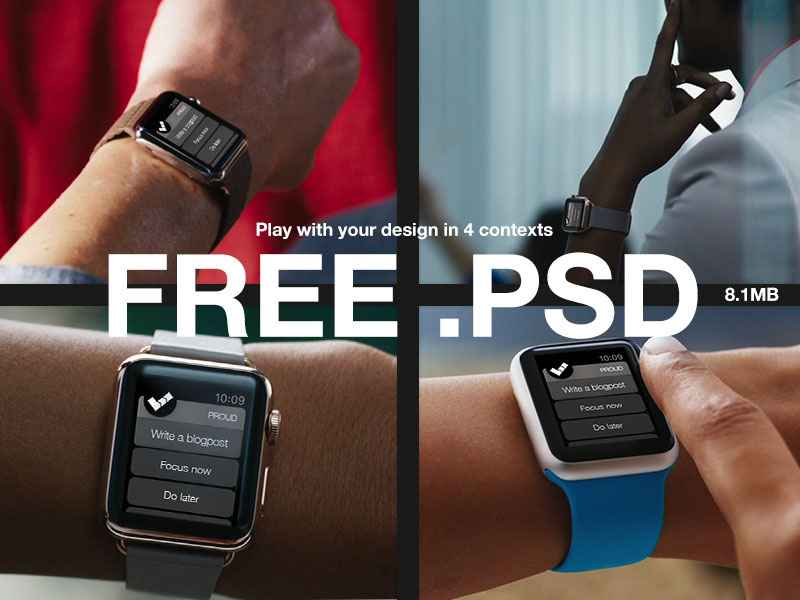 Free .PSD - 4x WATCH Mockups applewatch mockups psd free uix ui productivity proud productive app download downloadable