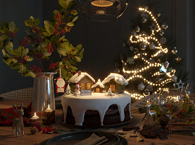 Christmas dinner table with cake 3d cake christmas design interior
