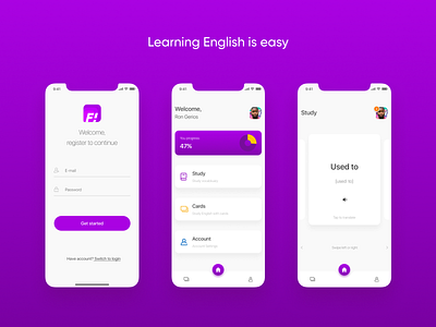 F! - learn English is easy bars cards cards ui dashboad design figma gradient home language school learning app lettering mobile platform progressbar tabs type ui ui ux design user ux