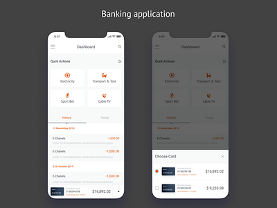 Mobile Banking application banking app bankingapp cards dashboad design history iphonex mobile app pop up selector tab tabs transaction type ui ui ux design