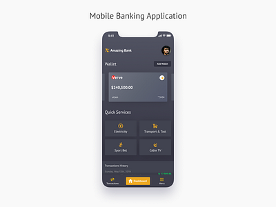 Concept of Banking application actions banking bankingapp cards dark app dark theme dashboad data features mobile ui quick statistic transaction ui user