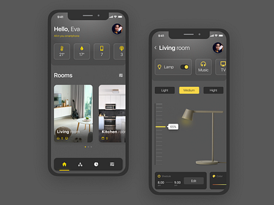 Smart House online controls dark app dark ui design iphone x light navigation bar slider smart smart home smarthouse tabs ui ux yellow