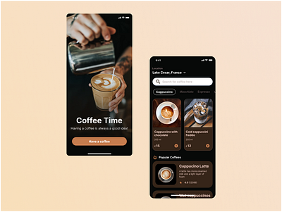 Coffee Time ☕ app brown clean coffee cold daily ui dark design drink explore food france hot ice location minimal mobile search ui ux