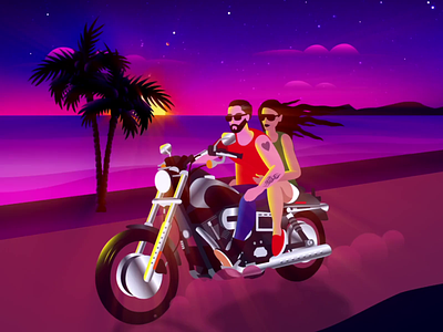 Harley in Hawaii adobe after effect animation beach couple couple illustration driving gradients harley davidson hawaii illustration love motorbike night palms romantic sea sky stars sunset