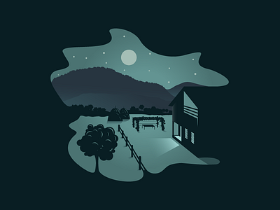 Weekend Cottage cottage house illustration moon moonlight mountain nature night stars tree village weekend