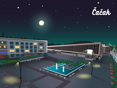 Moonlight building illustration moonlight sky stars town Čačak