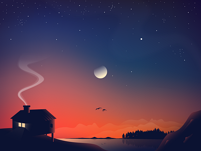 By The Lake birds cabin colors gradient illustration lake moon nature shadows sky stars sunset