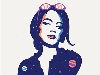 Universe in her abstract blue face galaxy girl girl illustration glasses graphic hair pallete people planets portrait simple sky smile space stars universe