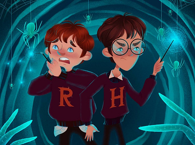 Aragog spider family cave book illustration boy character character design character development childrens illustration digital art drawing fanart harry potter hogwarts illustration magic photoshop potter procreate ron ron weasley spider