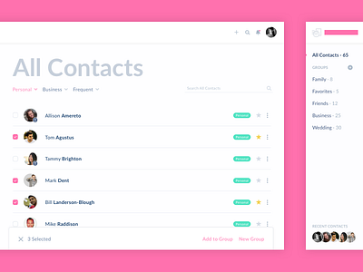 All Contacts big type contact contacts dashboard friendly hot manage navigation pink search sort title
