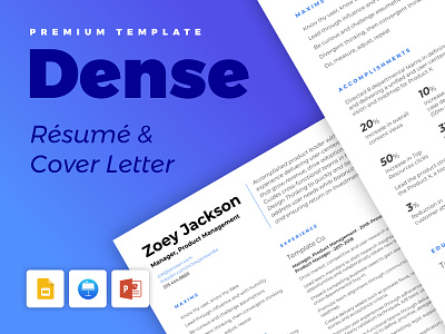 Dense - Resume and Cover Letter blue clean cv digital google fonts google slides keynote manager pdf powerpoint print product resume template